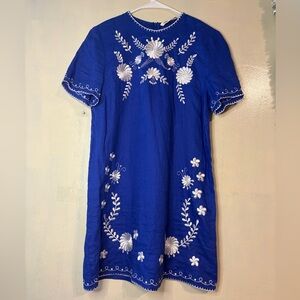 Zara blue womens embroidered shirt dress 100% linen boho festival cottagecore